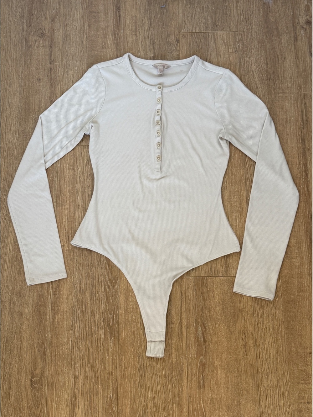 Guess Women's Long Sleeve Ribbed Henley Bodysuit in Cream | Size XS